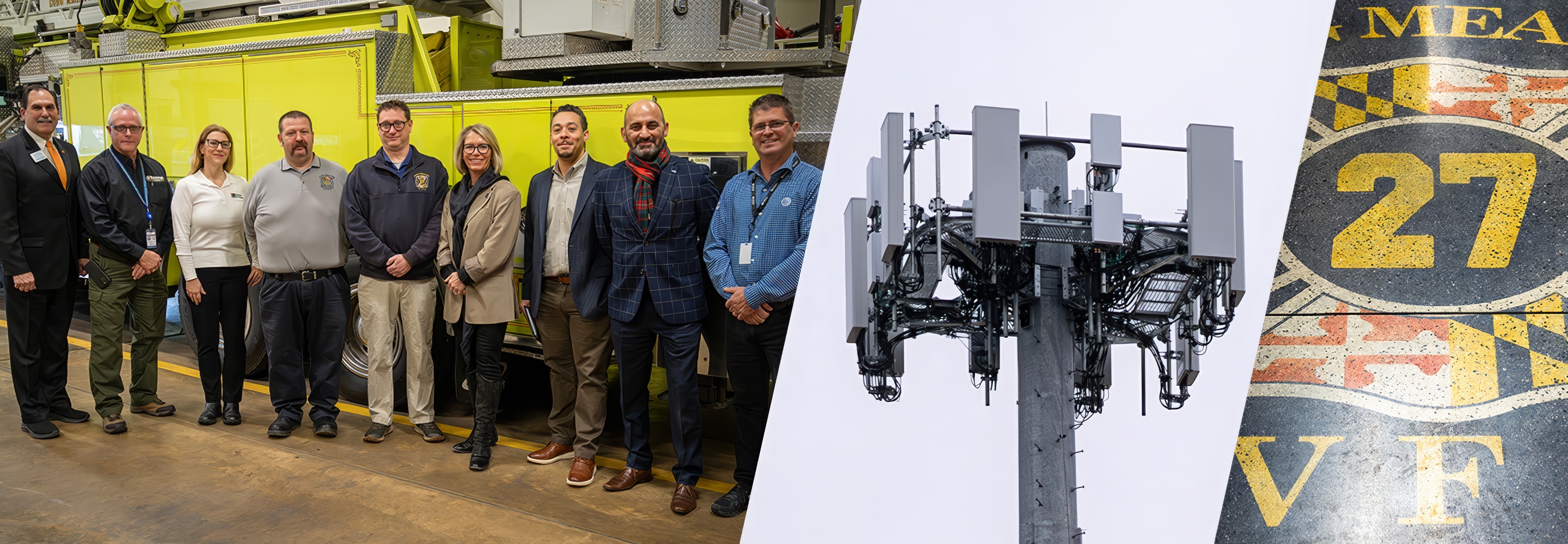 Federal and Washington County, Maryland officials, local public safety personnel, business leaders, and representatives from AT&T standing in front of a yellow fire truck; the top of a FirstNet cell tower; Partial seal of the Long Meadow Volunteer Fire Department 