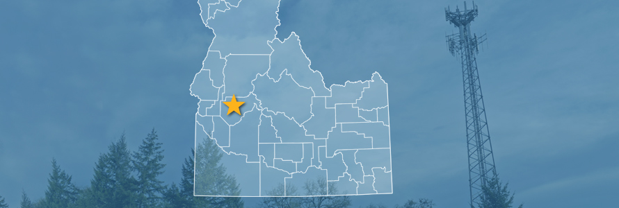 The state of Idaho, with outlined county borders and star locating Garden Valley, Idaho; a cell tower.