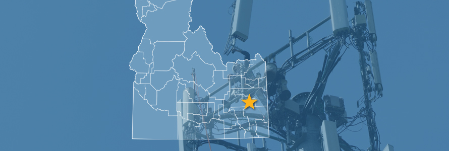 The state of Idaho, with outlined county borders and star locating Ziegler Mountain, Idaho; a cell tower.