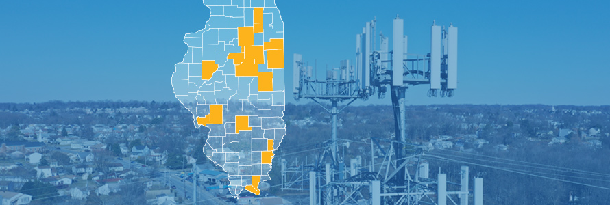 The state of Illinois, with outlined county borders; a cell tower.