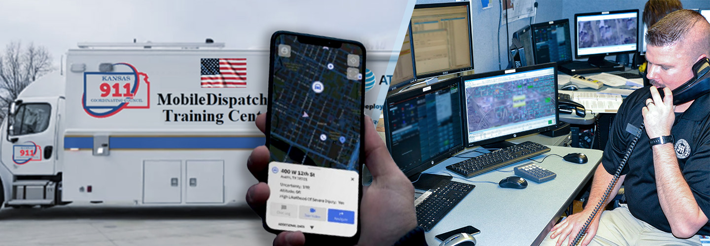 A mobile dispatch vehicle “Kansas 911” “Mobile Dispatch Training”; a hand holding a mobile phone showing a location app; a telecommunicator on the phone at a workstation