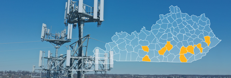 The State of Kentucky, with outlined county borders; a cell tower