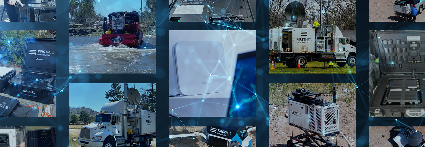 Compilation of different FirstNet deployables, including: miniCRD, a CRD on the back of a boat in the water, a SatCOLT, a Cell Booster Pro, a Flying Cell on Wings (COW), another SatCOLT, a CRD on the ground, a CRD on the back of a pickup truck, a mobile broadband kit