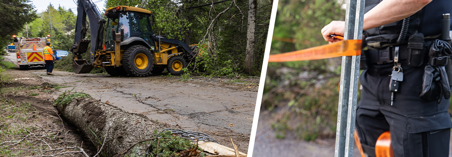 Fallen tree trunk on side of road after a storm, utility workers at work in background; a police officer closing a main road with tape in aftermath of a storm