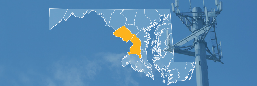 The state of Maryland, with outlined county borders; a cell tower.