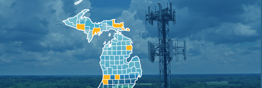 The state of Michigan, with outlined county borders; a cell tower