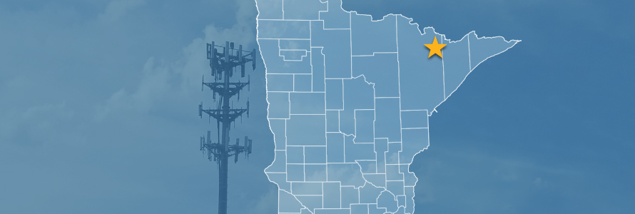 The state of Minnesota, with outlined county borders and a star locating Echo Trail, Minnesota; a cell tower.