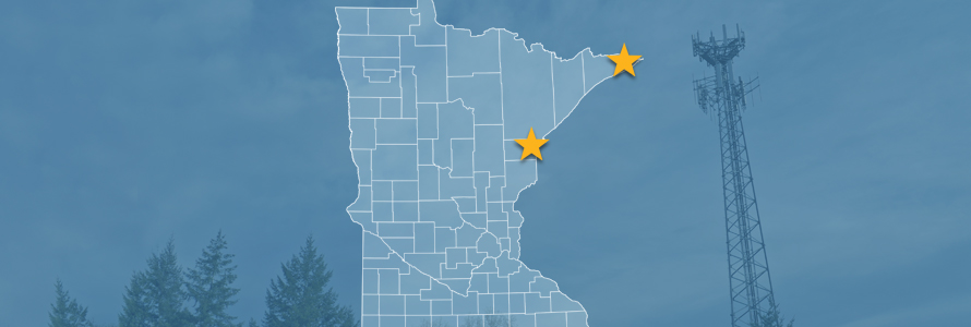 The state of Minnesota, with outlined county borders and two stars locating Cloquet and Hovland, Minnesota; a cell tower.