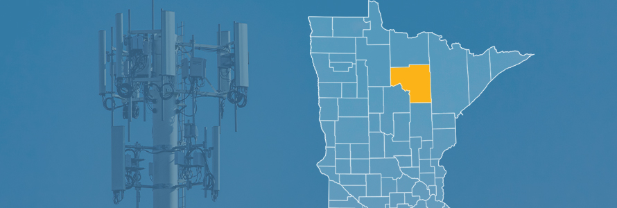 State of Minnesota with counties outlined; highlighting Itasca County; a cell tower 