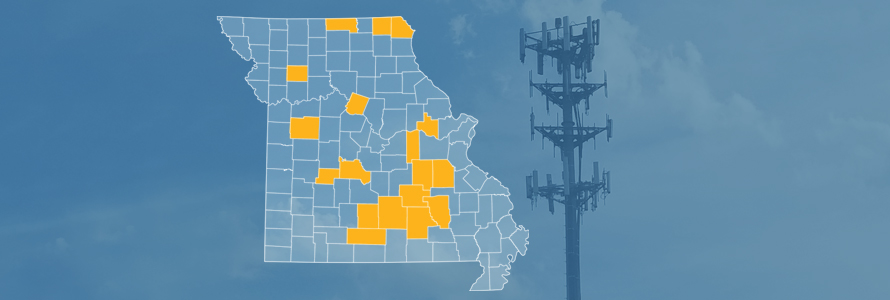 The state of Missouri, with outlined county borders; a cell tower.