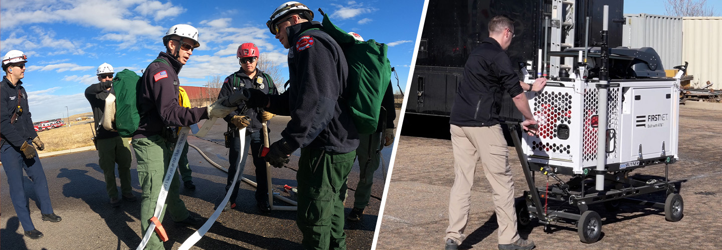 Boulder responders talk while holding a fire hose in a parking lot; City of Boulder staff member wheels out a FirstNet Compact Rapid Deployable