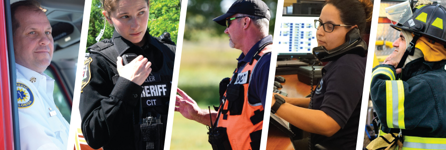 A paramedic sitting in the front of an ambulance, a sheriff talking into her radio, an emergency manager giving instructions, a 9-1-1 operator taking an emergency call, a fireman securing his helmet