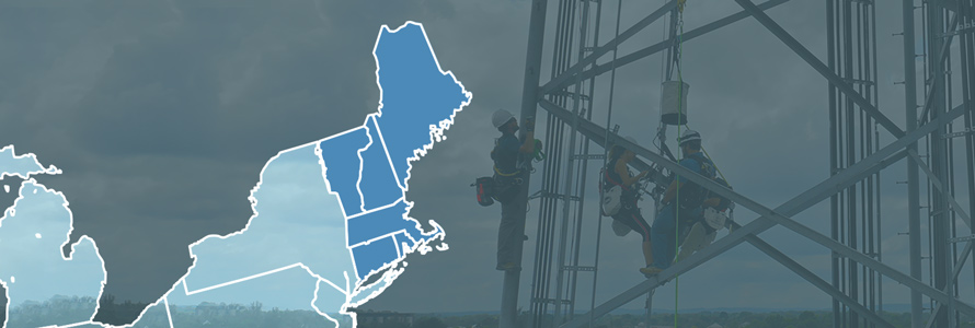 Map of New England with Maine, New Hampshire, Vermont, Massachusetts, Connecticut, and Rhode Island highlighted; workers on a cell tower above the treetops.