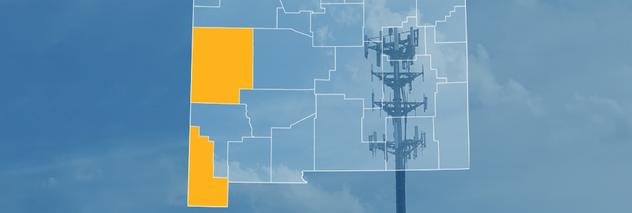 The state of New Mexico, with outlined county borders; a cell tower.