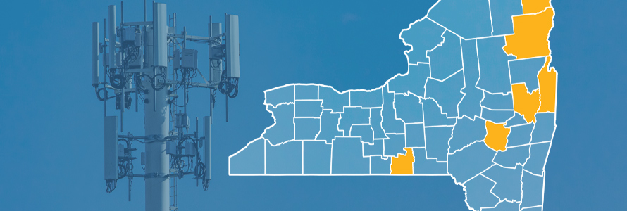 State of New York with counties outlined; Saratoga, Tioga, Clinton, Essex, Schoharie and Washington Counties highlighted, a cell tower