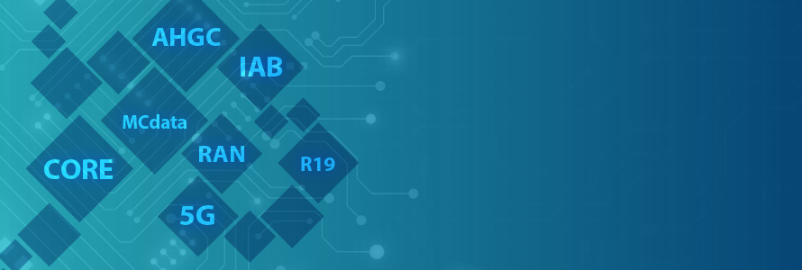 Illustration depicting connection and technology; diamonds with “CORE,” “MCdata,” “AHGC,” “IAB,” RAN, “5G,” and “R19” within