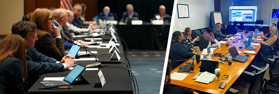 Public Safety Advisory Committee members sitting in a meeting; Tribal Working Group members sitting around a table.