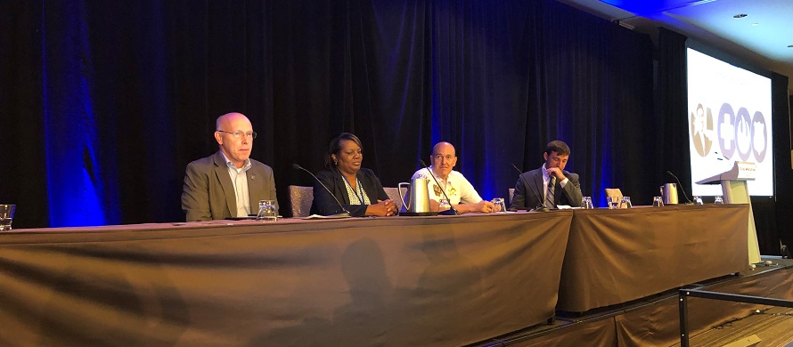 A panel of public safety experts presents to an audience at PSCR’s 2019 Public Safety Broadband Stakeholders meeting in Chicago, Illinois.