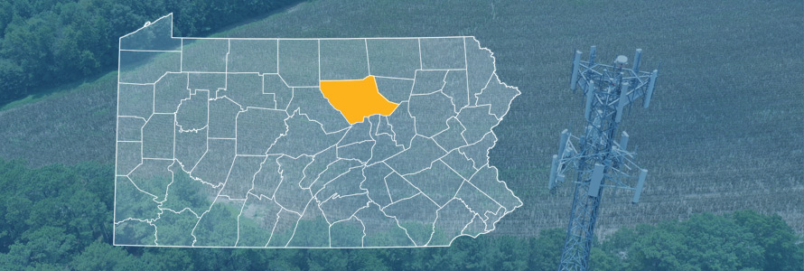 The state of Pennsylvania, with outlined county borders; a cell tower