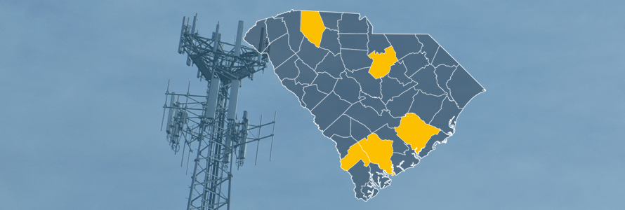 The state of South Carolina, with outlined county borders; a cell tower