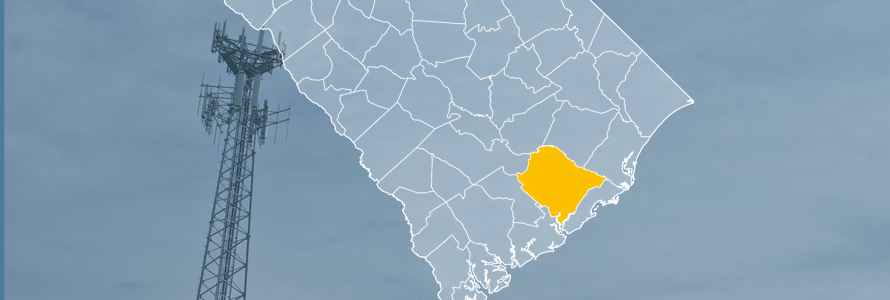 The state of South Carolina, with outlined county borders; a cell tower.