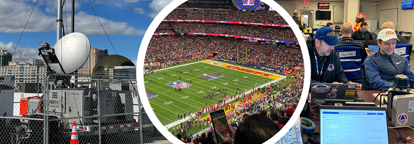 A FirstNet deployable outdoors and enclosed by a wire fence; an aerial view of the Kansas City Chiefs endzone and part of the football field at Super Bowl LVIII; Clark County first responders gathered in the operations center of Super Bowl LVIII