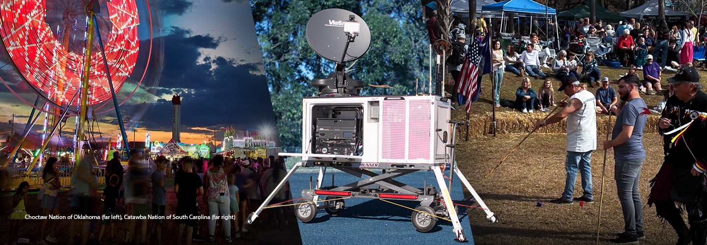 A FirstNet compact rapid deployable, people in front of a lit Ferris wheel at the Choctaw Nation's Labor Day festival, three men performing a traditional ceremony inside a ring of haybales while a crowd watches during Catawba Nation's Yap Ye Iswa festival.