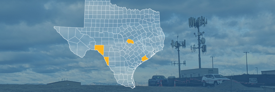 The state of Texas, with outlined county borders; a cell tower.