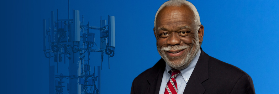 FirstNet Authority board member Warren Mickens headshot; a cell tower