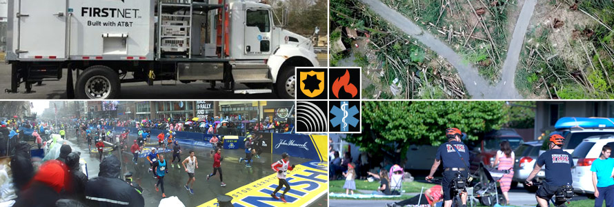 The FirstNet Authority logo with four images: a Satellite Cell on Light Truck, tree damage after a storm, runners crossing the finish line at the Boston Marathon, and two police officers on duty riding bicycles