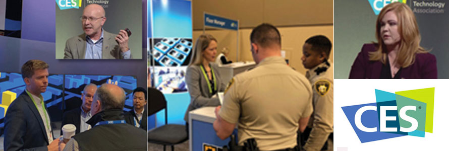 Edward Parkinson speaks to CES attendees; Bill Schrier gives a presentation; Chrissie Coon gives a presentation; two police offers visit the FirstNet exhibit booth; CES logo