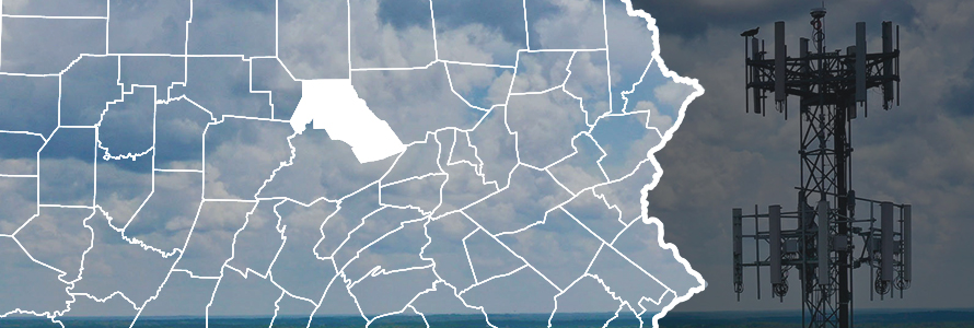 Map of Pennsylvania counties with Clinton County highlighted over image of broadband tower and clouds.