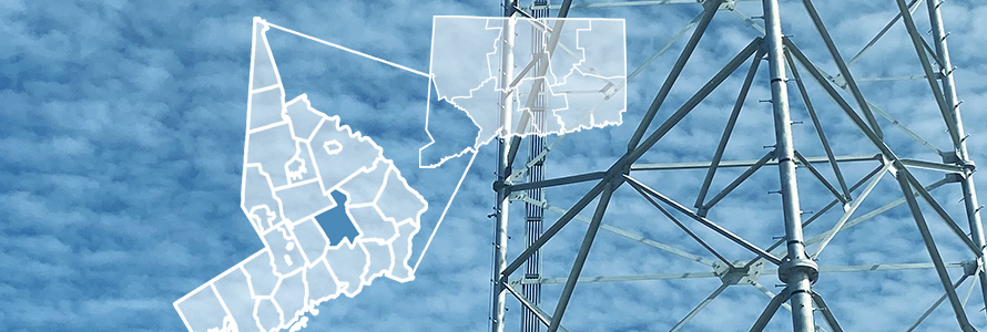 County map of Connecticut, city outlines of Fairfield County, cell tower against clouds