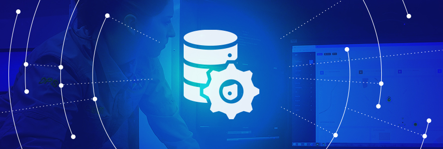 Secure Information Exchange Roadmap Domain icon- gear in front of a server- in the middle of a graphic representation of a network radiating outward, a female responder consults a computer screen