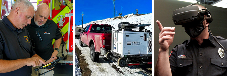 Firefighter holding FirstNet-enabled tablet speaks with FirstNet Authority representative; FirstNet compact rapid deployable is hitched to pickup truck and driven up snowy road; First responders uses virtual reality headset