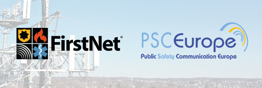 FirstNet Authority and Public Safety Communications Europe logos over a broadband tower with a city in the background 