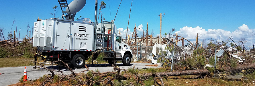 An AT&T SatCOLT is set up among damage from Hurricane Michael