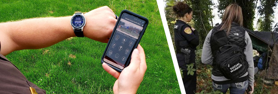 An officer shows a smartwatch and an app on his cell phone; a police officer and social work speak with an individual