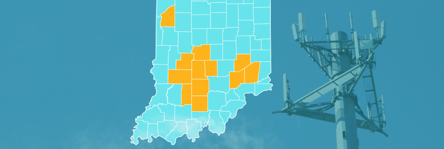 The state of Indiana, with outlined county borders; a cell tower.