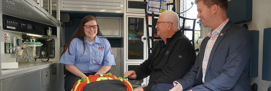 FirstNet Board Member Paul Patrick and FirstNet Authority’s Edward Parkinson toured AAA Ambulance Service's FirstNet-connected ambulance during a demo day at the University of Mississippi Medical Center.