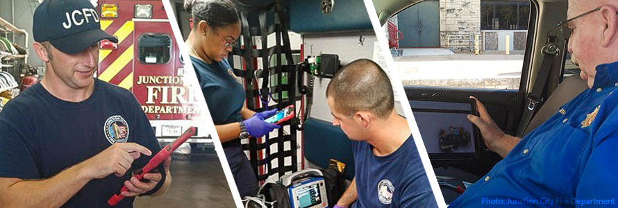 Image 1: In an ambulance, one first responder looks at a tablet and another first responder looks at a monitor connected to a patient.  Image 2: First responder looks at a tablet standing in front of a Junction City Fire Department vehicle.  Image 3: A first responder sitting in the driver’s seat of a vehicle looks at the screen of a tablet. 