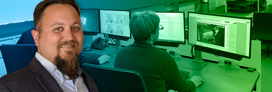 Bruce Fitzgerald headshot; two emergency managers monitoring a storm on their computers