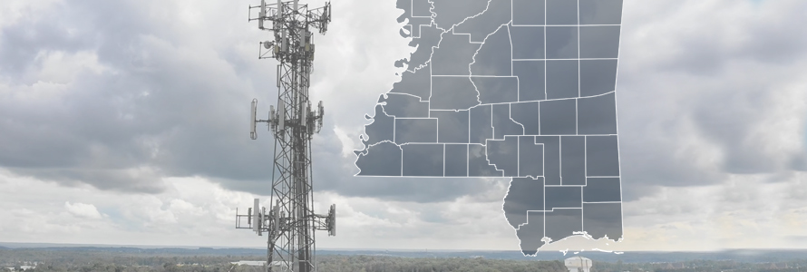 The State of Mississippi, with outlined county borders; a cell tower.