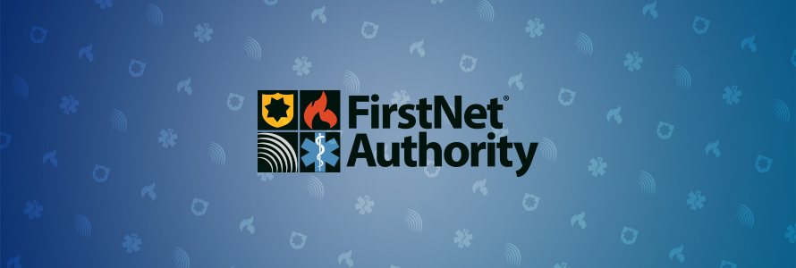 FirstNet Authority logo on blue background with FirstNet Authority logo icons