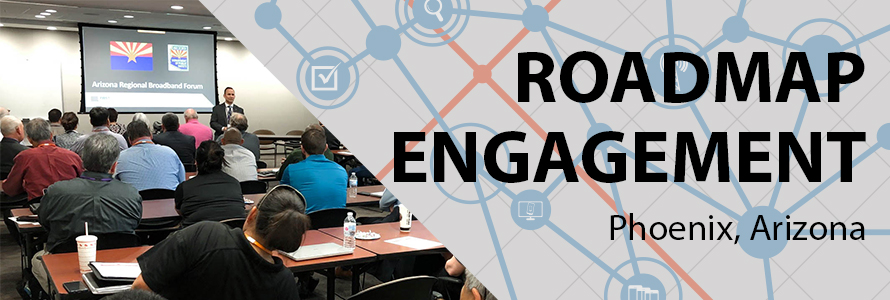 On the left, adults in a workshop style classroom listen to a speaker standing in front of a presentation, on the right are the words "Roadmap Engagement Phoenix, Arizona" and a graphic of a stylized network