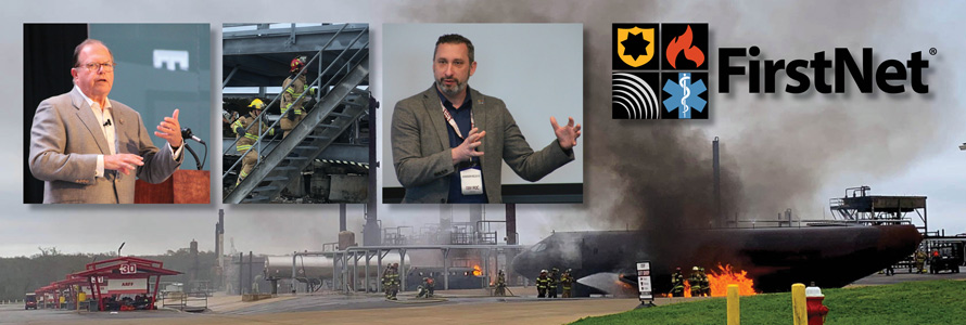 Image combines four images, featuring people giving presentations and participating in disaster drills