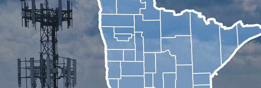 Map of Minnesota with county lines, purpose-built FirstNet cell site. 