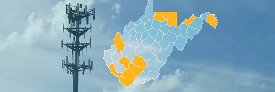 The state of West Virginia, with outlined county borders; a cell tower.