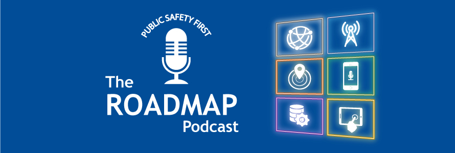 The words "The Roadmap Podcast," the Public Safety First podcast logo including a microphone icon, and six icons representing the six Roadmap domains lit like neon signs