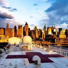 Navy medical ship deck with New York City skyline